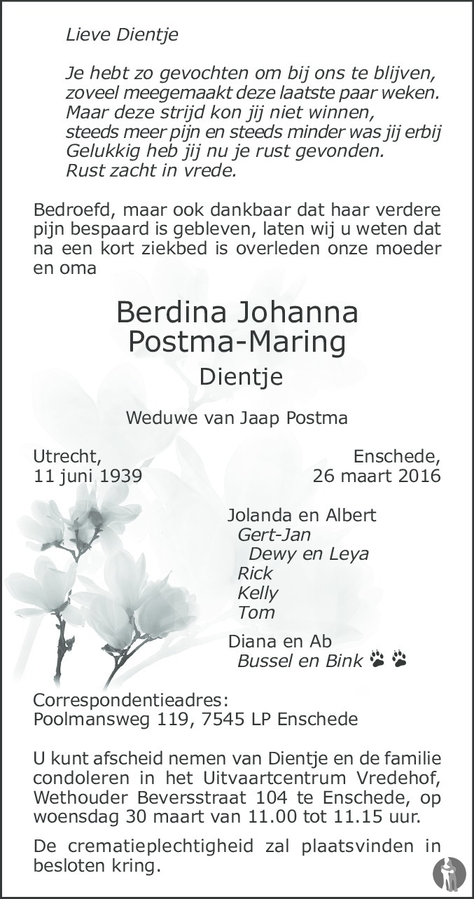 overlijdensadvertentie dientje postma-maring in 2016.